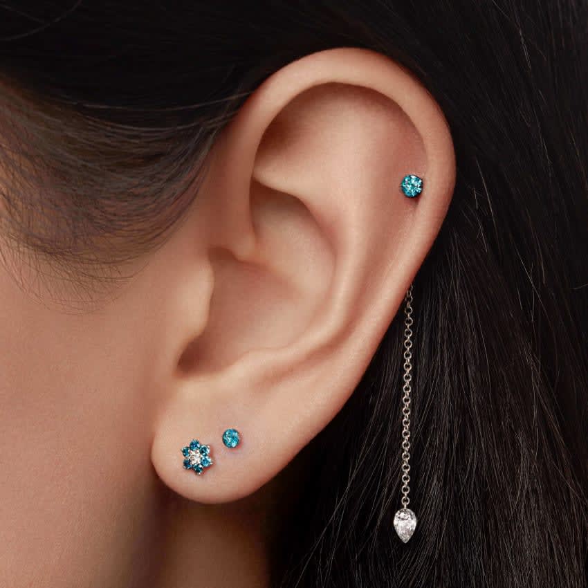 Blue Diamond Flower Threaded Stud Earring Yellow Gold 4.5mm