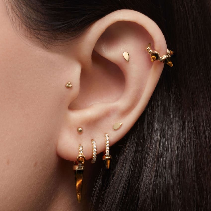 Tiger's Eye Short Spike Diamond Eternity Hoop Earring Yellow Gold 8mm