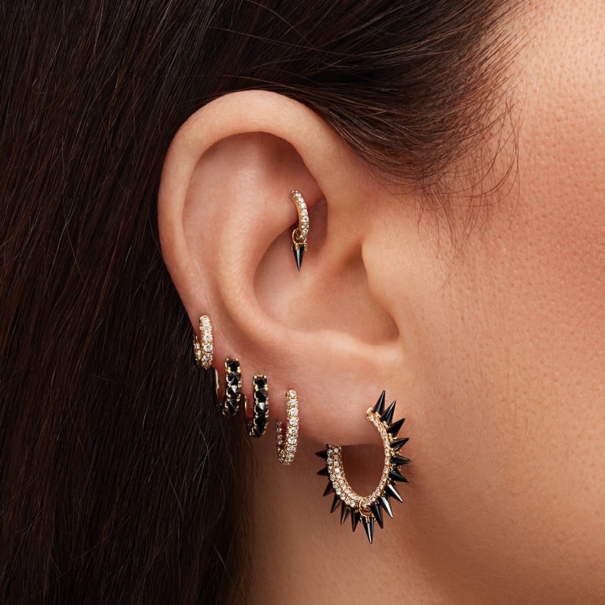 Black Moissanite Mohawk and Diamond Pavé Hoop Earring Rose Gold 12.5mm
