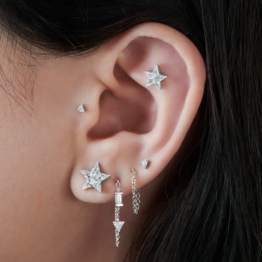 Baguette and Triangle Diamond Chain Wrap Stud Earring Yellow Gold