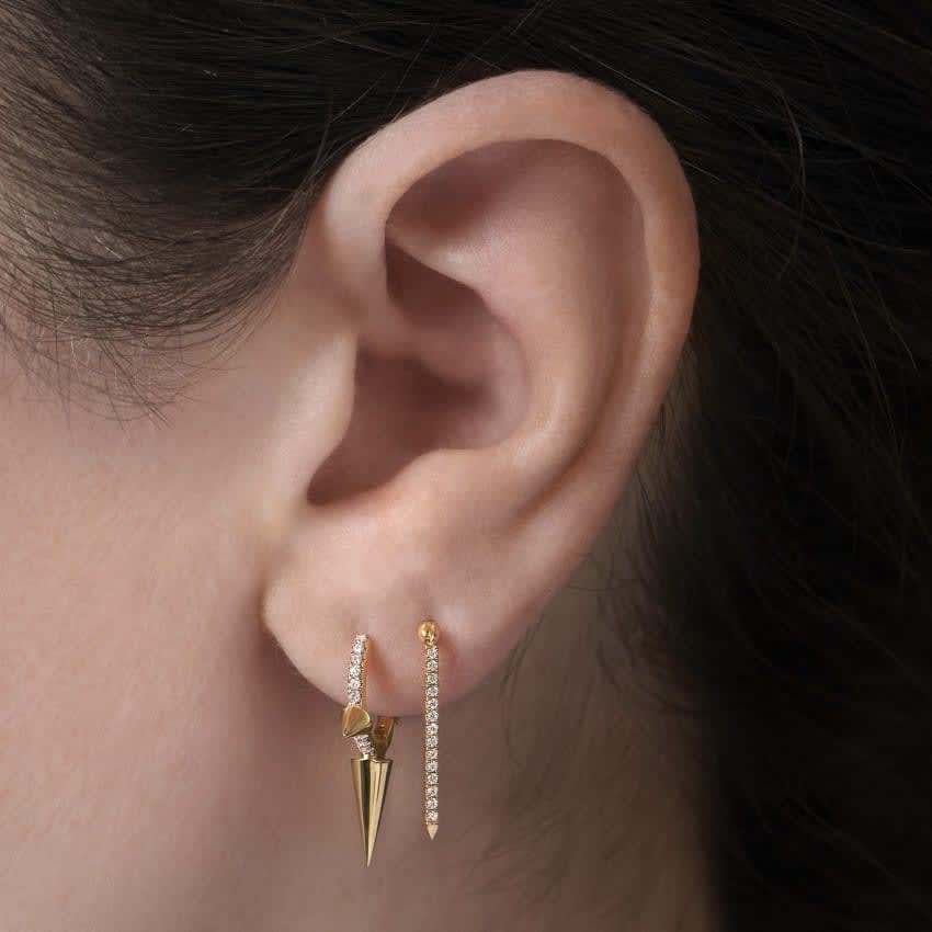 Triple Long Spike Diamond Eternity Hoop Earring White Gold 9.5mm