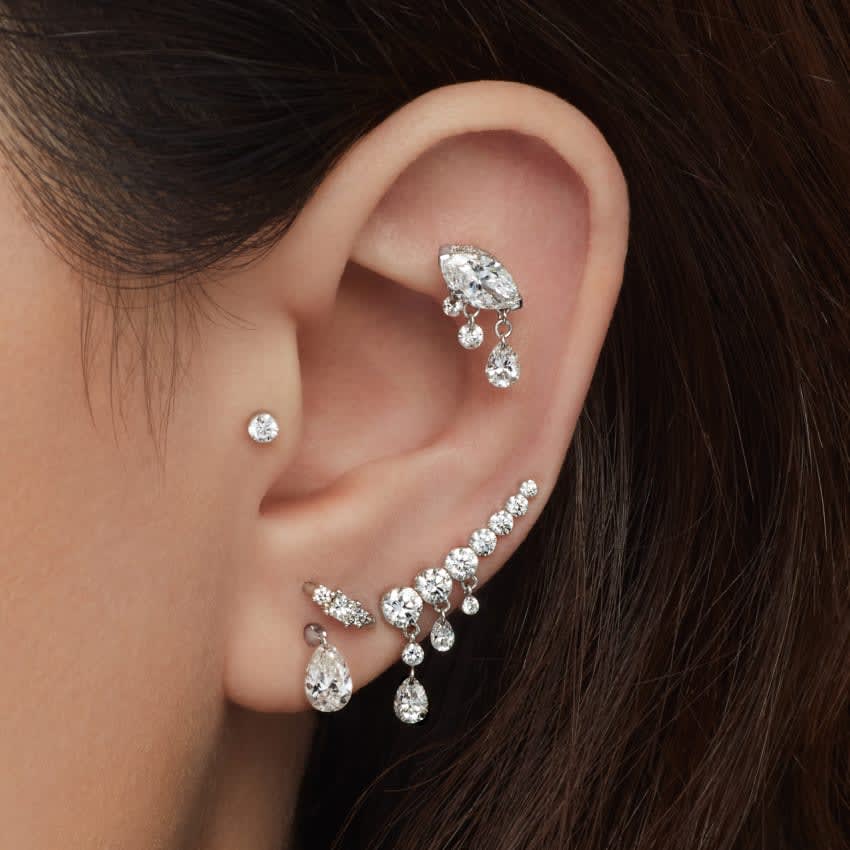18mm Curved Crescendo Bar Invisible Set Diamond Ear Climber White Gold 18mm Left