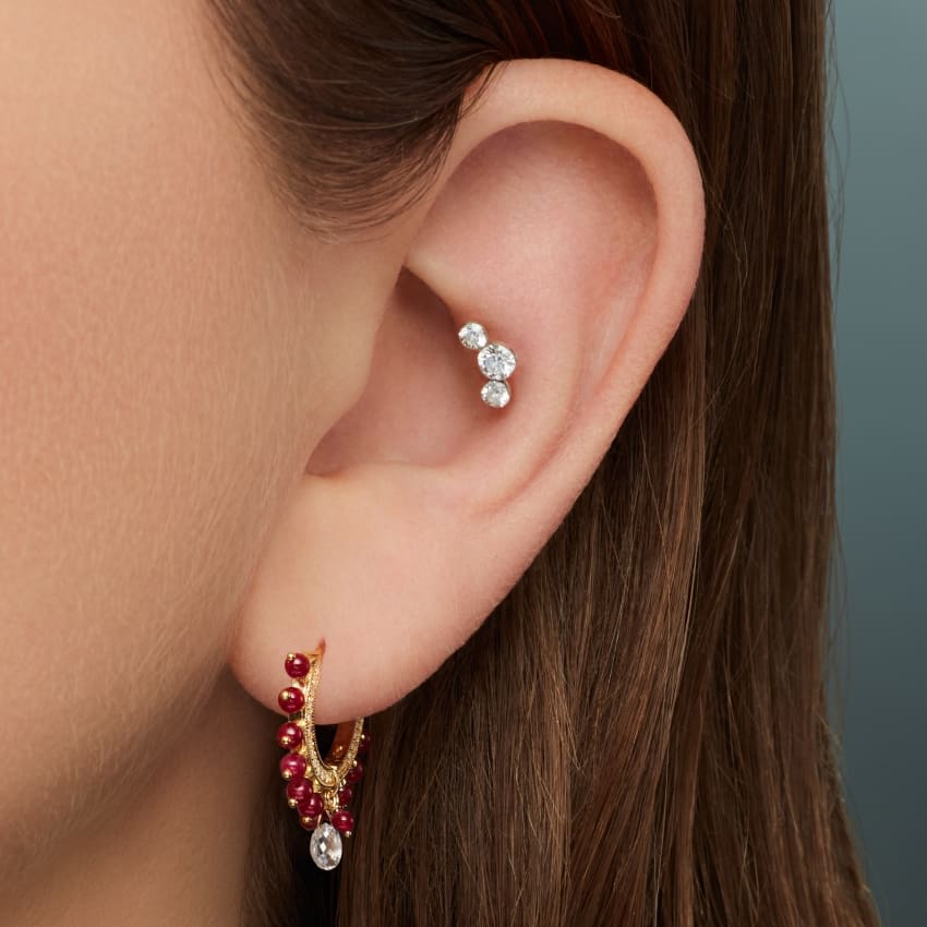 Pavé Diamond Ruby Coronet with Diamond Briolette Hoop