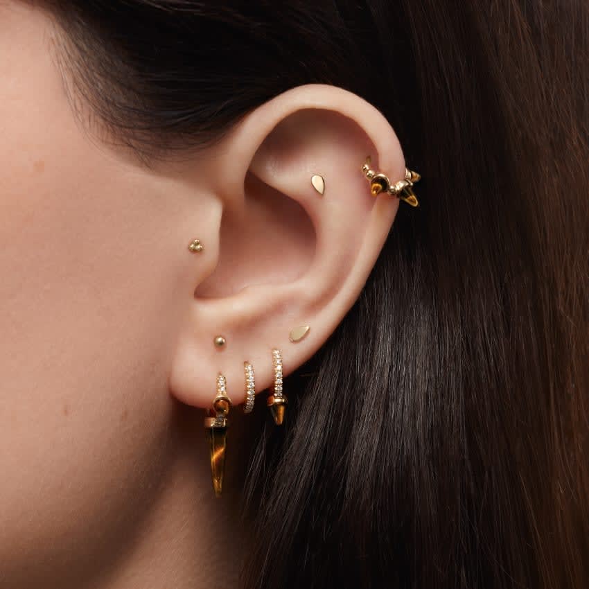 Tiger's Eye Triple Long Spike Diamond Eternity Hoop Earring Yellow Gold 6.5mm