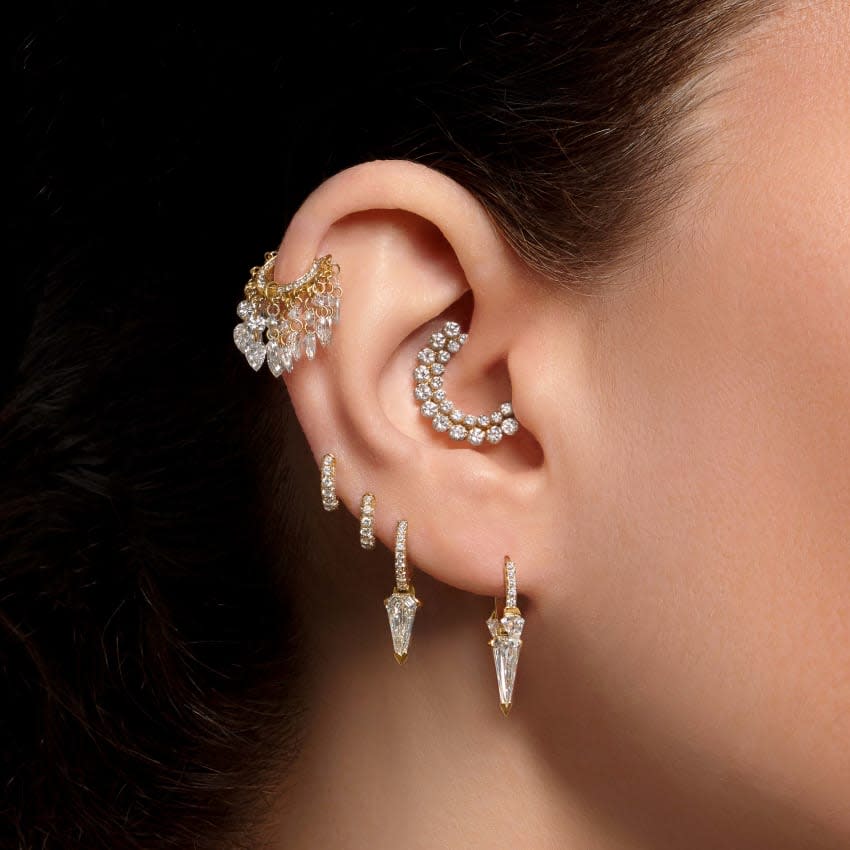 Silhouette Diamond Triple Long Spike Eternity Hoop Earring Rose Gold 8mm