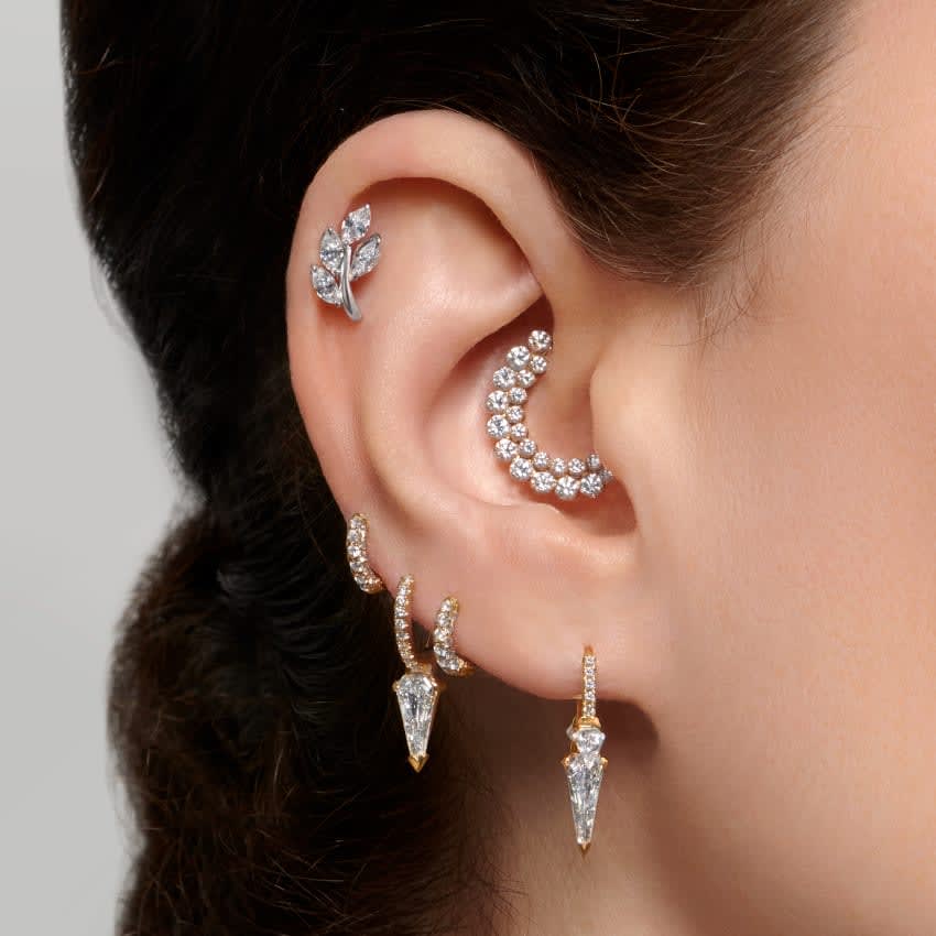 Silhouette Diamond Long Spike Eternity Hoop Earring White Gold 8mm