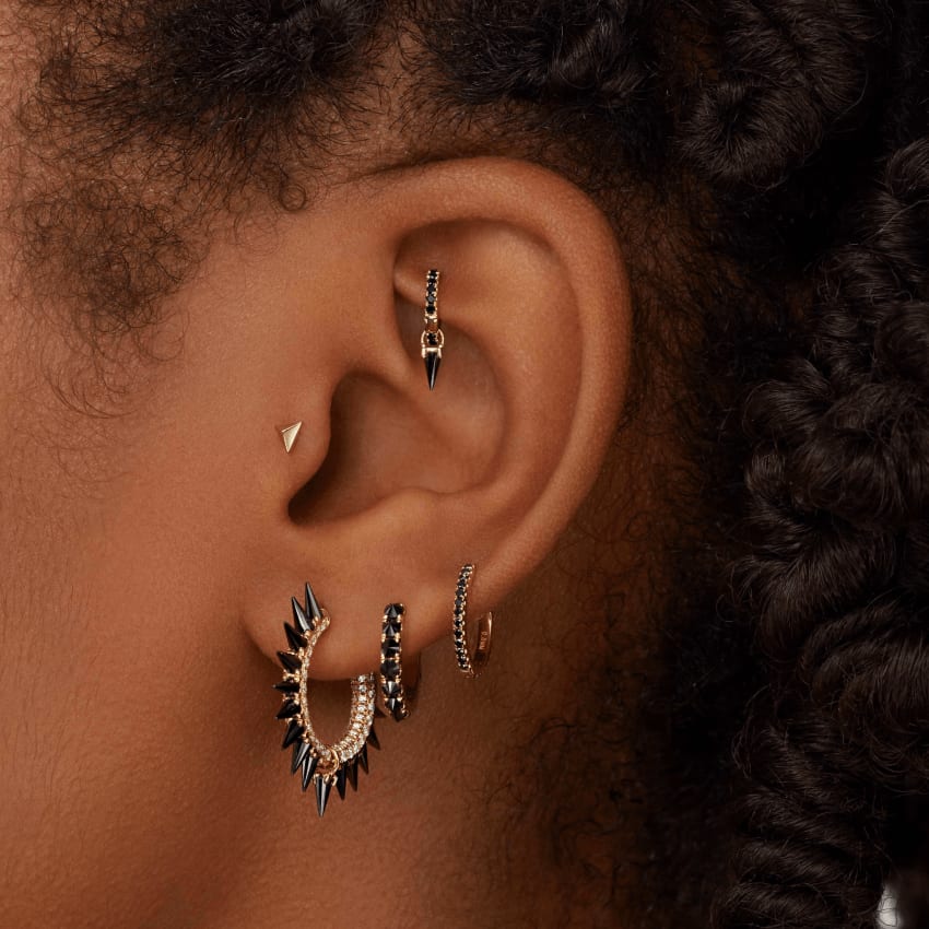 Reverse Set Black Diamond Eternity Hoop Earring White Gold 9.5mm