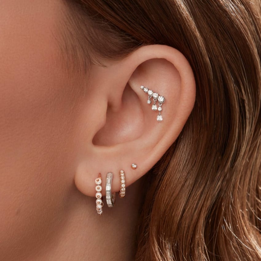 Invisible Set Baguette Diamond Eternity Hoop Earring White Gold 9.5mm