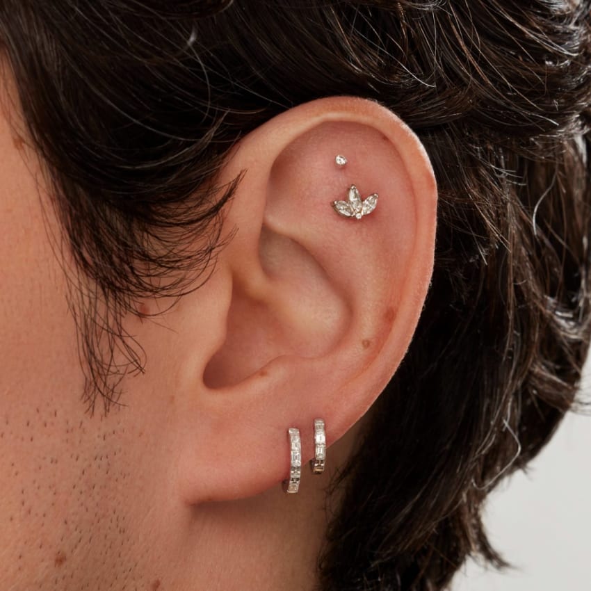 Diamond Engraved Lotus Threaded Stud Earring Rose Gold 4mm