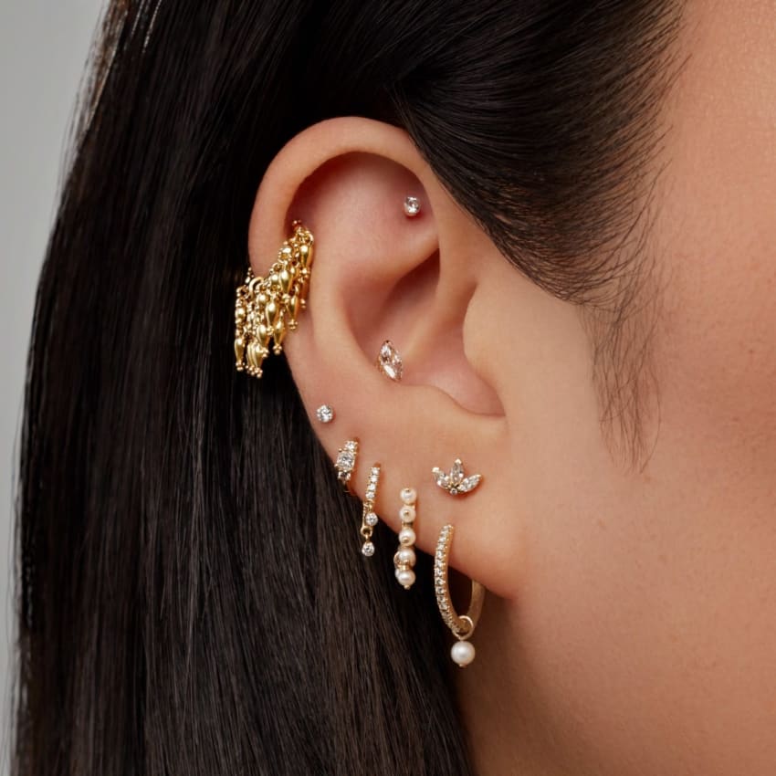 Diamond Engraved Lotus Threaded Stud Earring Rose Gold 4mm