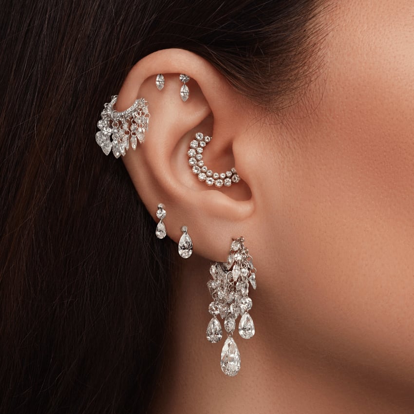 Floating Diamond Tassel Hoop Earring White Gold 8mm