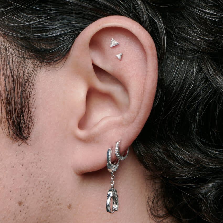 Invisible Set Triangle Diamond Threaded Stud Earring White Gold 3mm