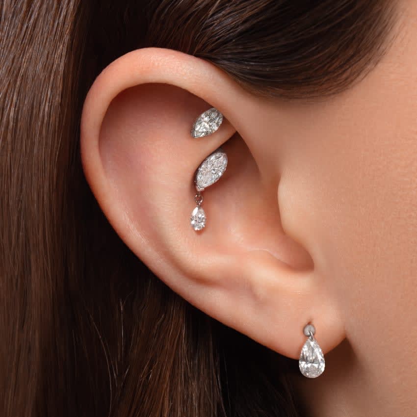 Single Teardrop Marquise Diamond Threaded Stud Earring White