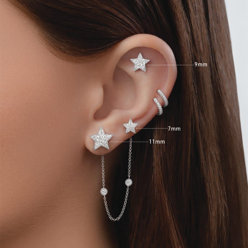 Invisible Set Diamond Star Stud Earring White Gold 11mm