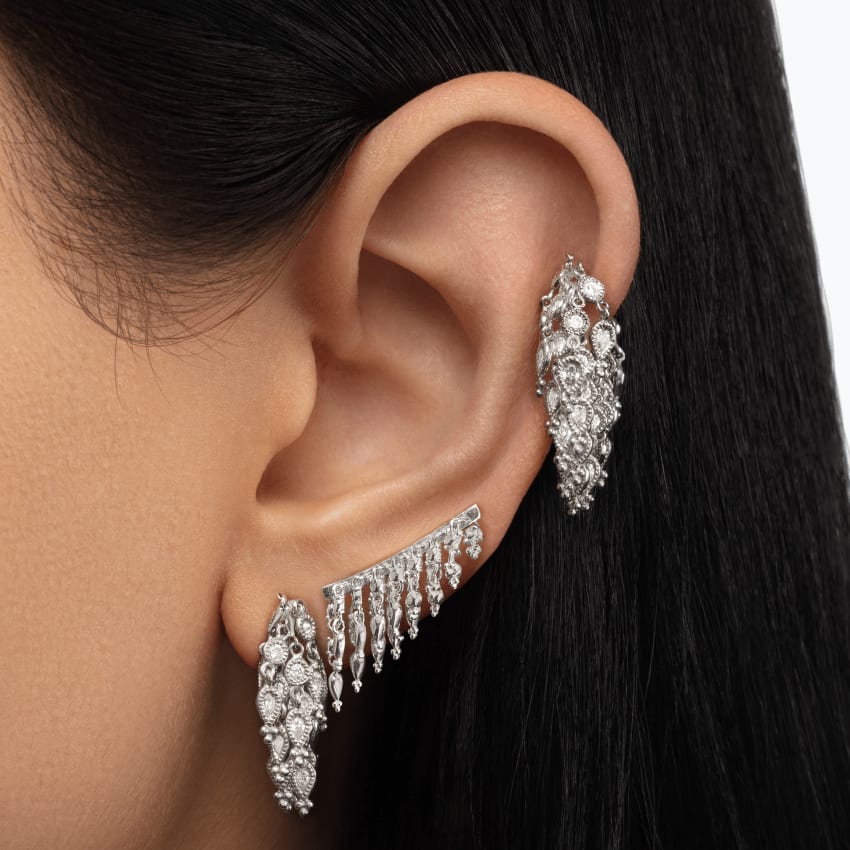 Diamond Tassel Eternity Hoop Earring White Gold 8mm
