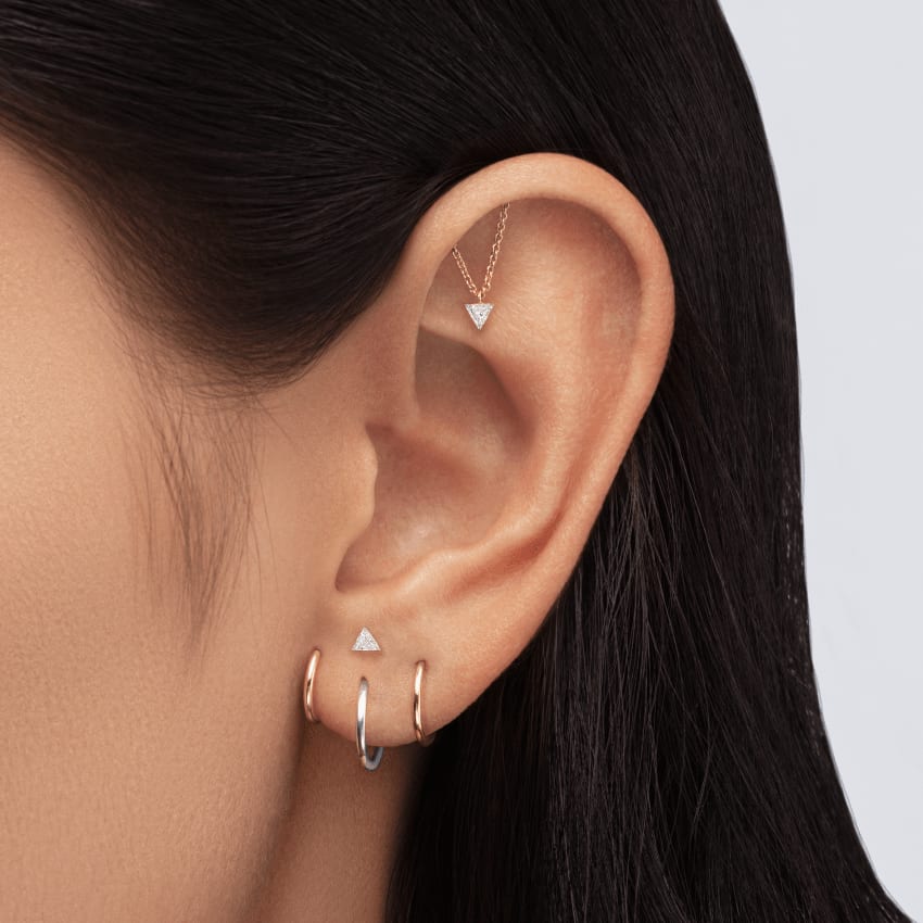Invisible Set Triangle Diamond Threaded Stud Earring Yellow Gold 3mm