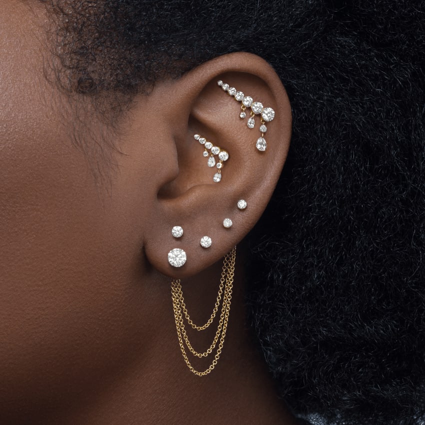 Invisible Set Diamond Crescendo Bar Threaded Stud Earring Rose Gold 11mm Right