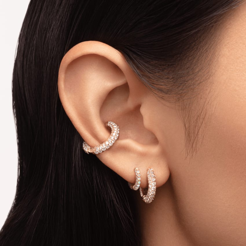 Invisible Set Diamond Three Row Pavé Hoop Earring White Gold 9.5mm