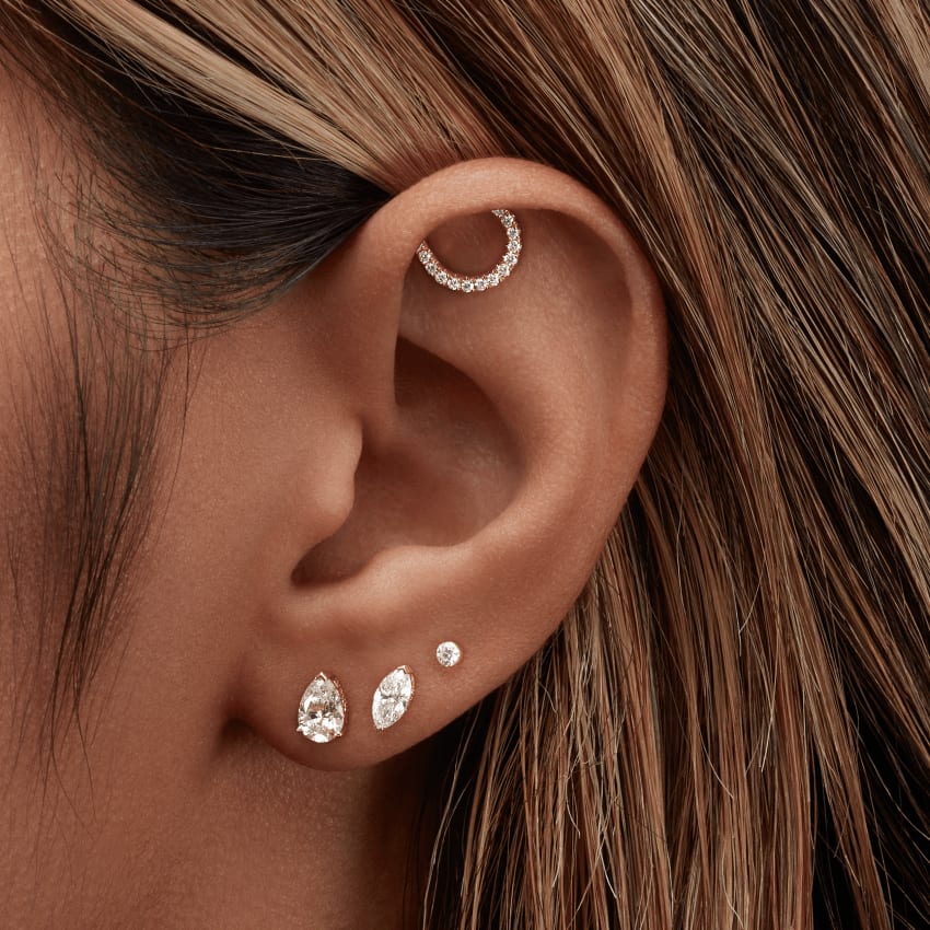 Pear Diamond Threaded Stud Earring, Marquise Diamond Back Yellow Gold 6mm