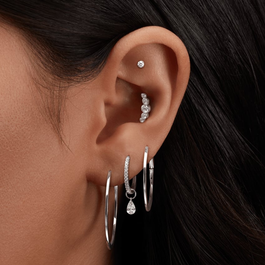 Invisible Set Five Diamond Open Curve Threaded Stud Earring White Gold