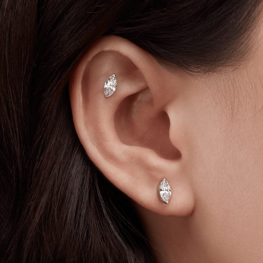 Marquise Diamond Threaded Stud Earring White Gold 7mm