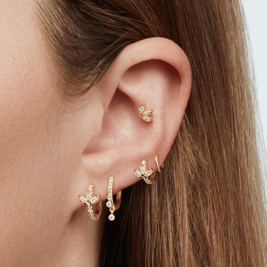 Diamond Engraved Lotus Threaded Stud Earring Rose Gold 4mm