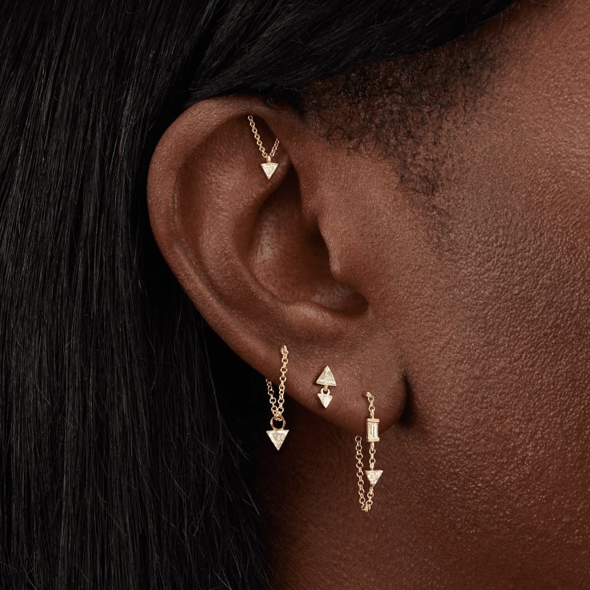 Invisible Set Triangle Diamond Drape Threaded Stud Earring Rose Gold 3mm Horizontal