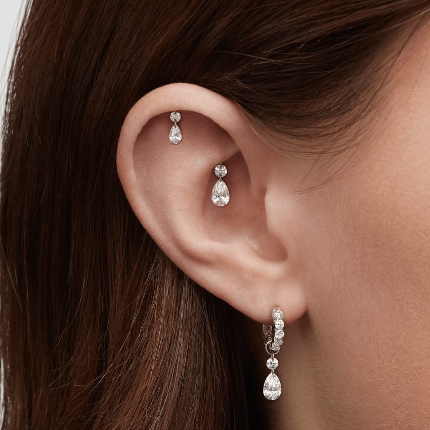 Floating Double Diamond Threaded Charm Earring Yellow Gold 2mm / 5mm