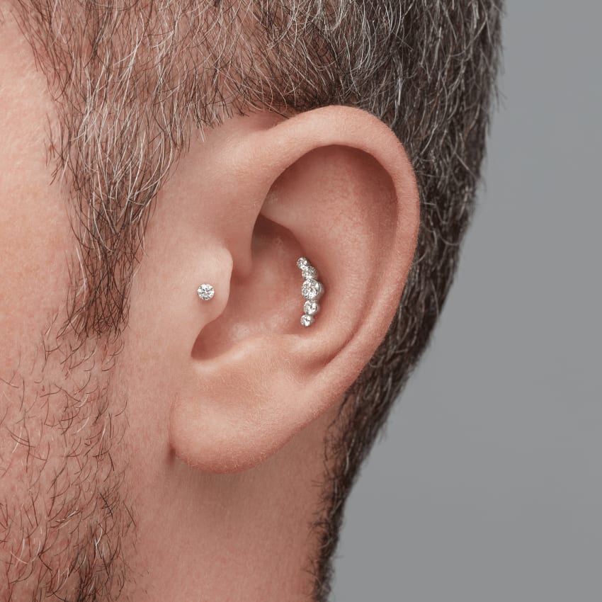 Invisible Set Five Diamond Open Curve Threaded Stud Earring White Gold