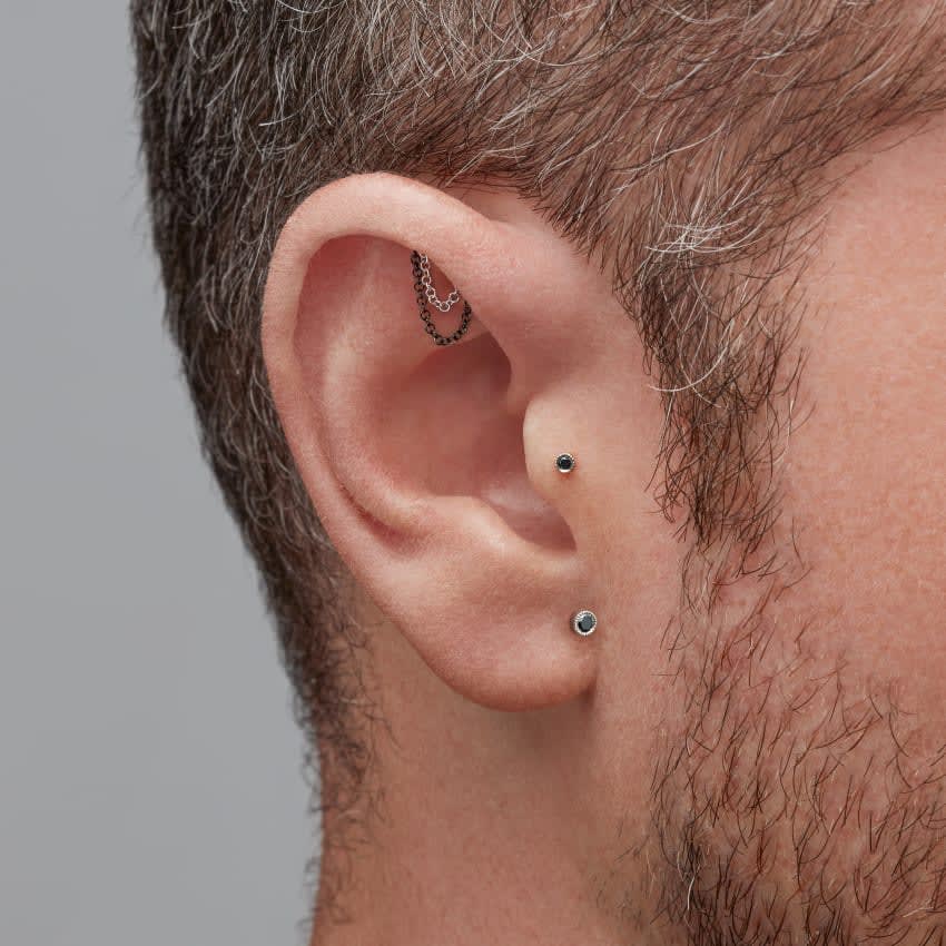 Scalloped Set Black Diamond Threaded Stud Earring White Gold 1.5mm