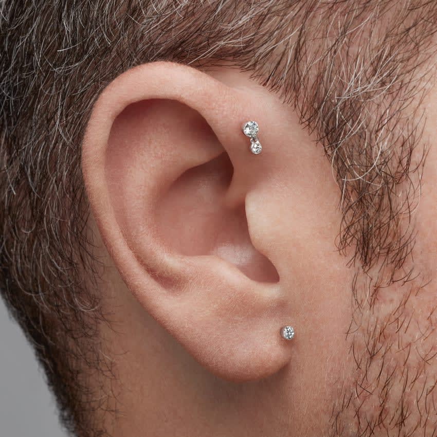 Invisible Set Diamond Dangle Threaded Stud Earring White Gold 3mm / 2mm
