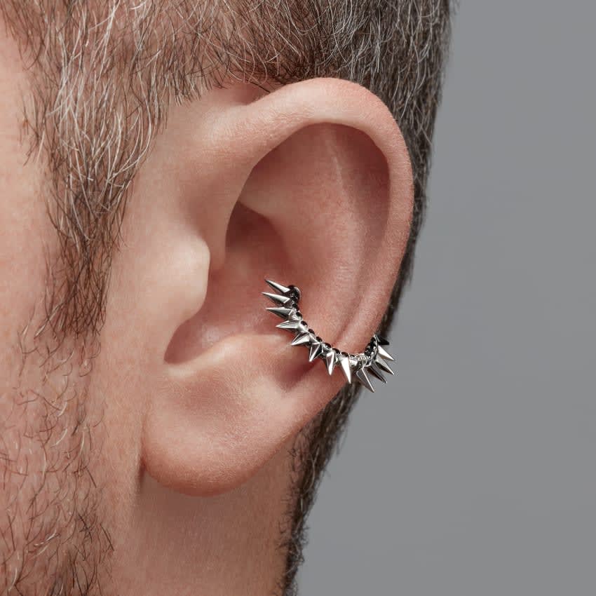 Metal Mohawk with Black and White Diamond Pavé Hoop Earring Yellow Gold 11mm