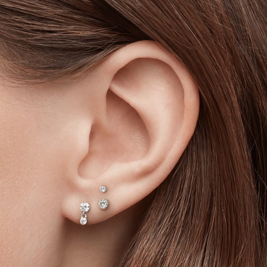 Invisible Set Diamond Dangle Threaded Stud Earring White Gold 3mm / 2mm