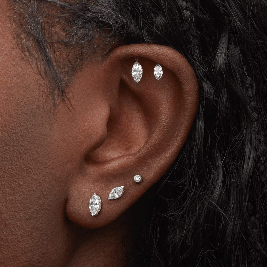 Floating Double Marquise Diamond Drape Threaded Stud Earring White Gold 5.5mm / 7mm Horizontal+A Direction
