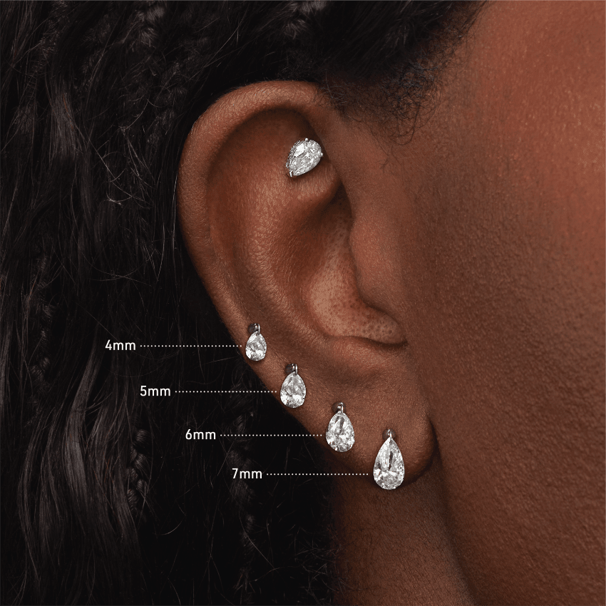 Floating Pear Diamond Charm Threaded Stud Earring Rose Gold 4mm