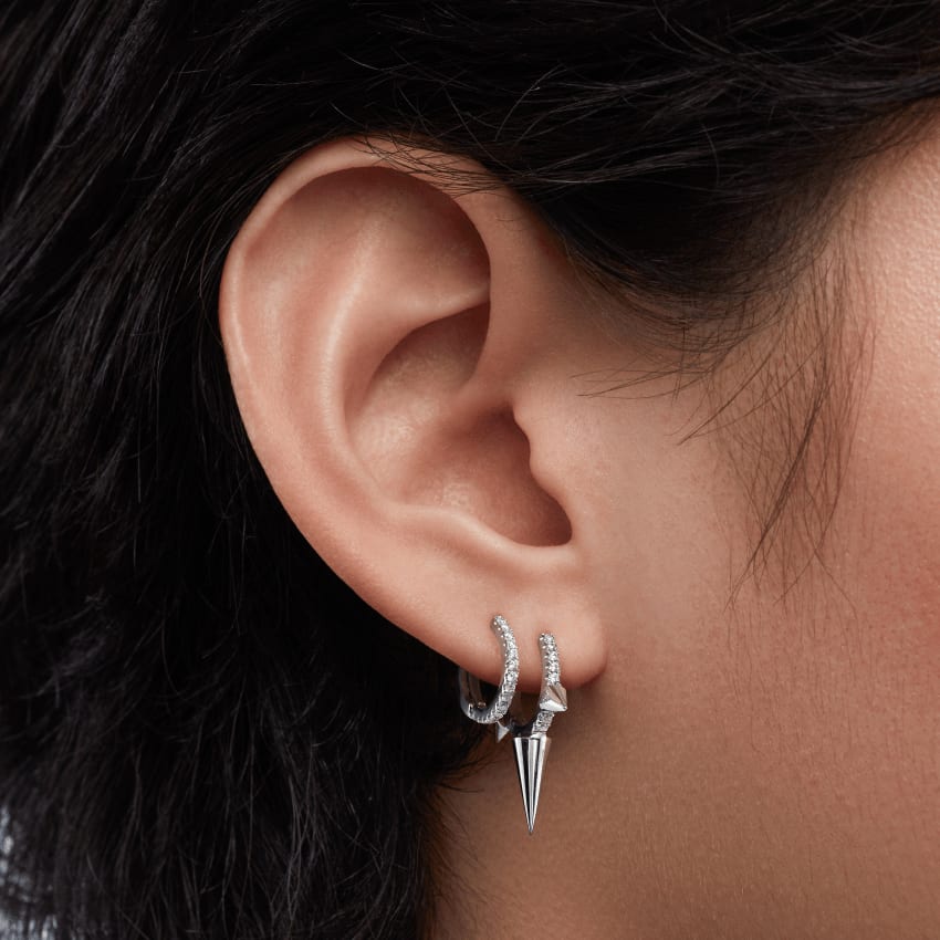 Triple Long Spike Diamond Eternity Hoop Earring White Gold 8mm