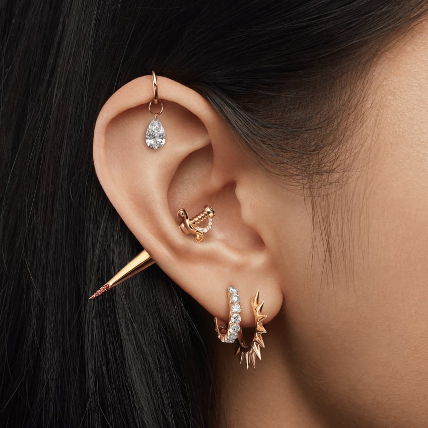 Black and White Diamond Long Sword with Ruby Drops Earstud Yellow Gold 22mm