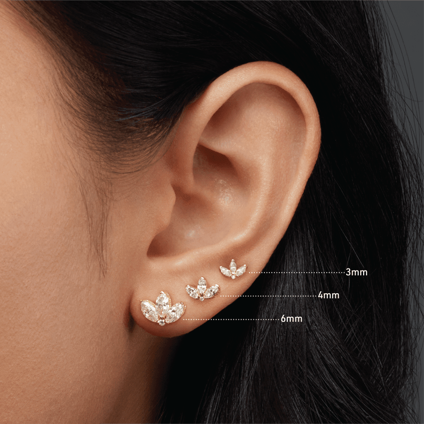 Diamond Engraved Lotus Threaded Stud Earring Rose Gold 4mm