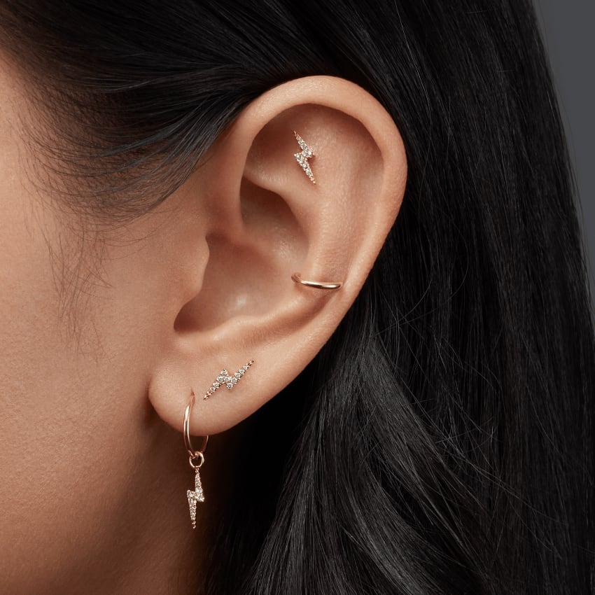 Diamond Lightning Bolt Threaded Stud Earring Rose Gold 11mm