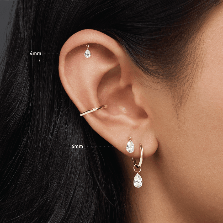Floating Pear Diamond Charm Threaded Stud Earring Rose Gold 4mm