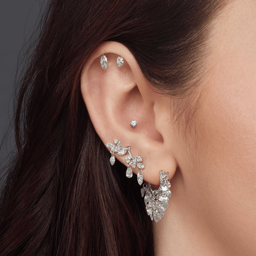Floating Diamond Tassel Hoop Earring White Gold 8mm