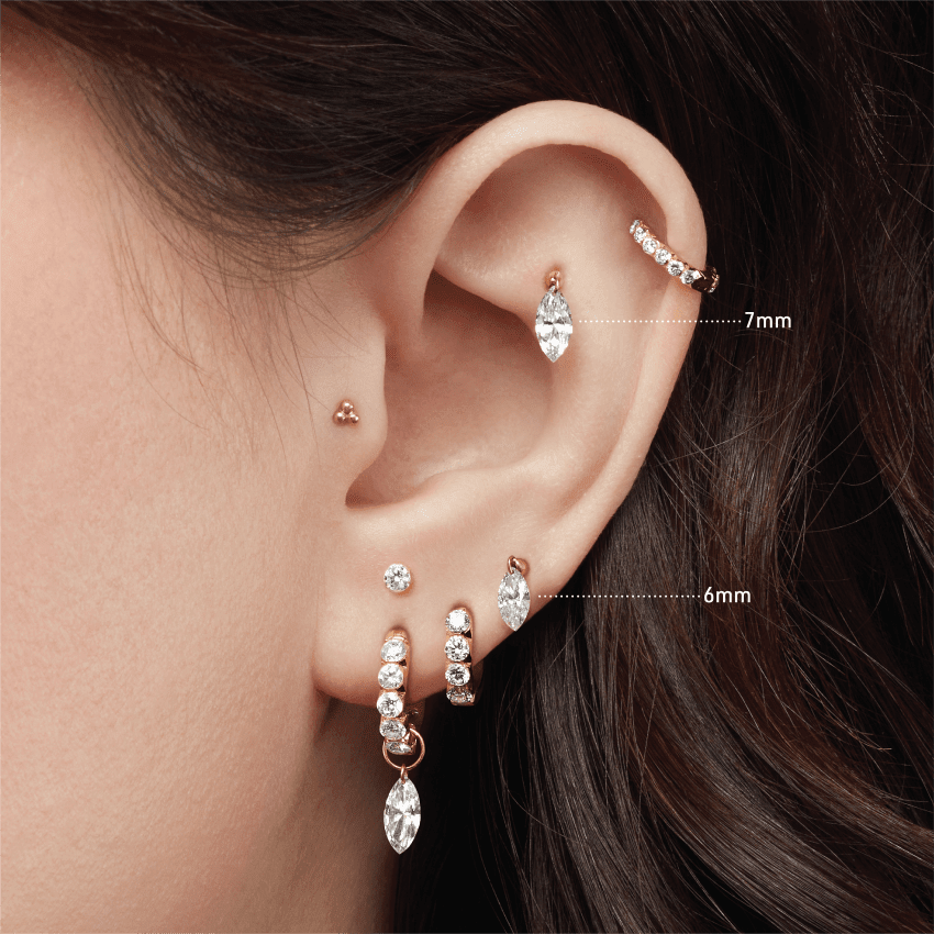 Floating Marquise Diamond Charm Threaded Stud Earring Rose Gold 7mm