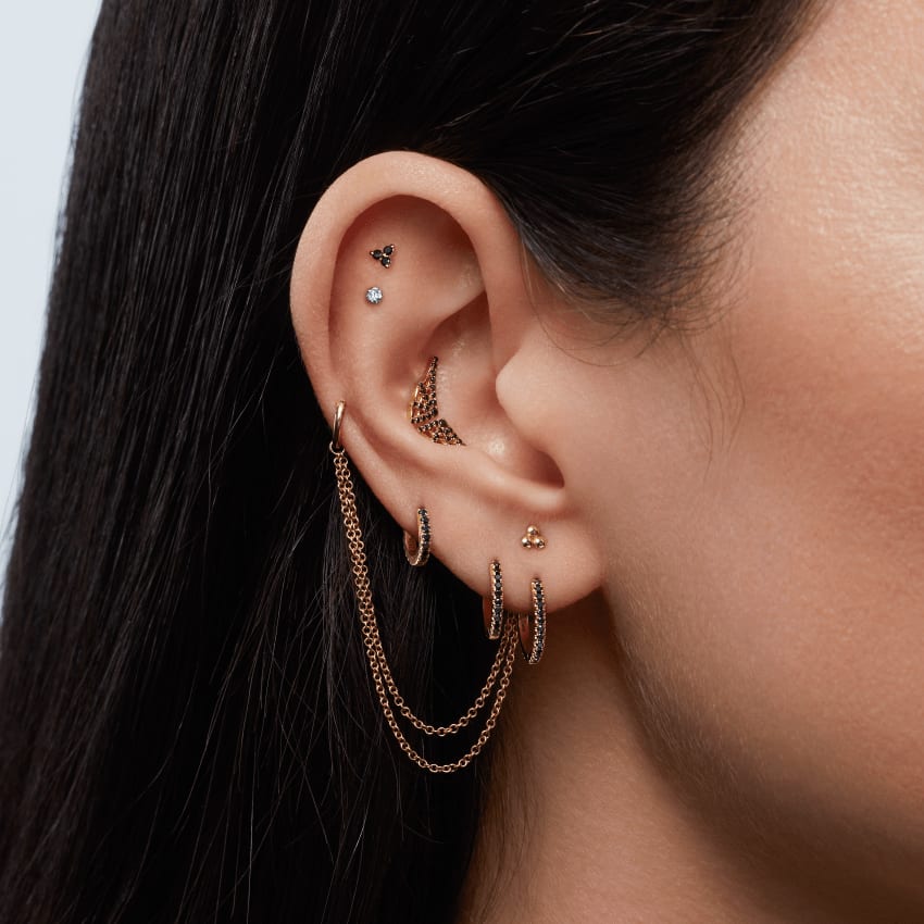 Black Diamond Web Threaded Stud Earring Yellow Gold 10mm Left