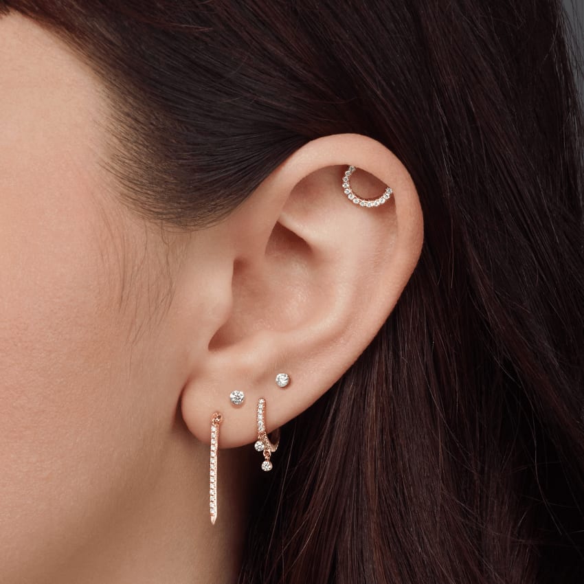 Diamond Eternity Double Dangle Hoop Earring Rose Gold 8mm