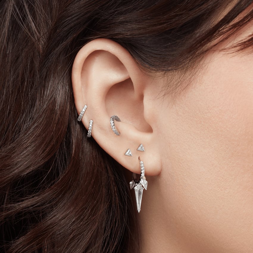 Silhouette Diamond Triple Long Spike Eternity Hoop Earring White Gold 8mm