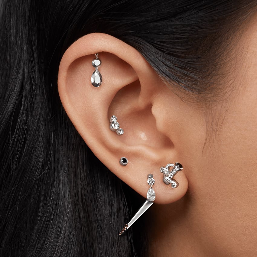 Black and White Diamond Long Sword with Ruby Drops Earstud Yellow Gold 22mm