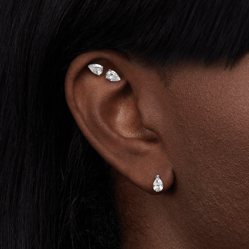 Pear Diamond Threaded Stud Earring, Marquise Diamond Back Yellow Gold 6mm