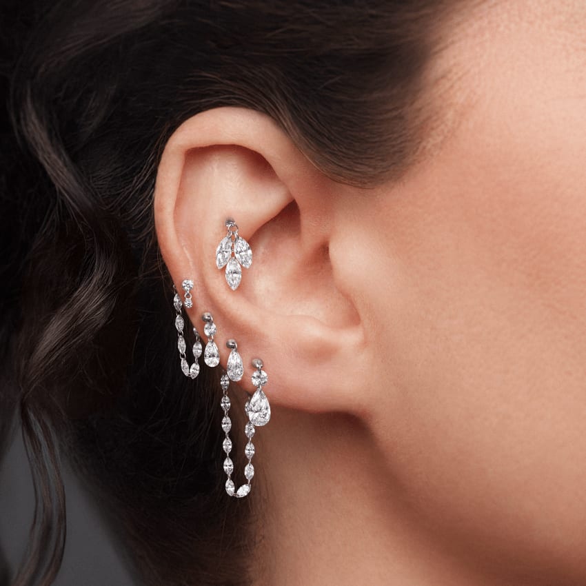Floating Double Diamond Threaded Charm Earring White Gold 3mm / 7.5mm