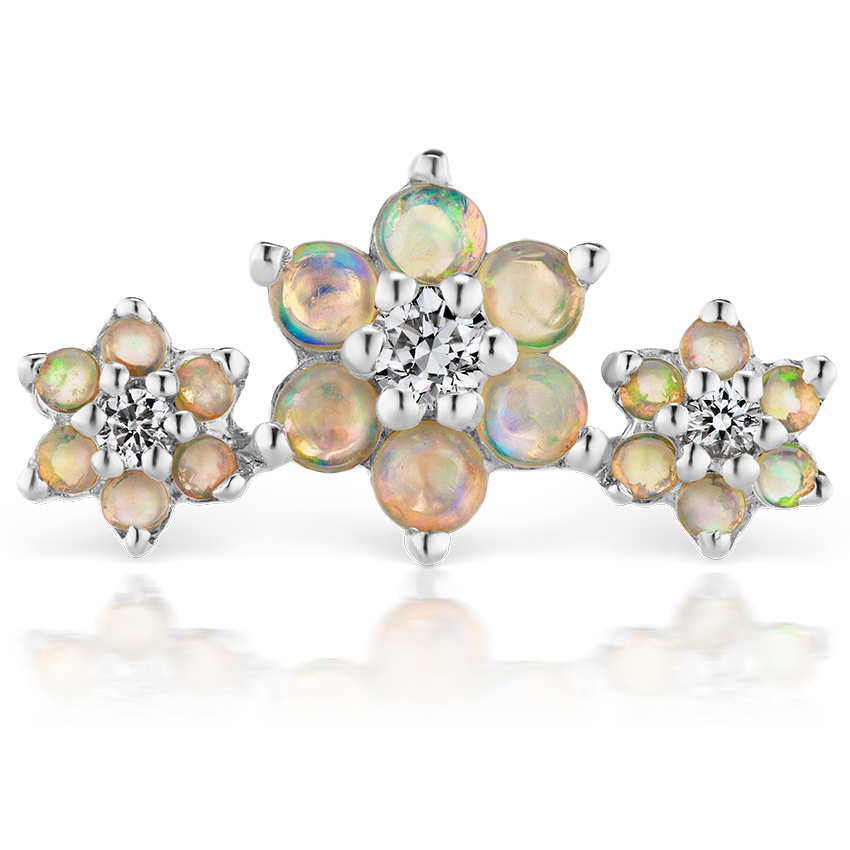 Opal and Diamond Three Flower Garland Threaded Stud Earring White Gold