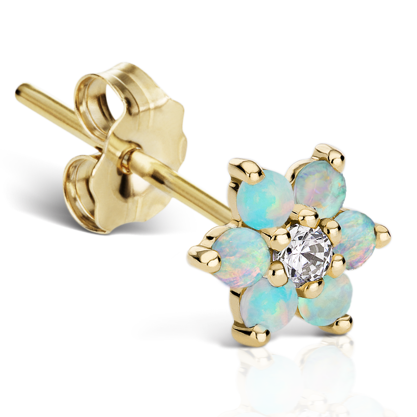 Opal Flower with Diamond Center Stud Earring Yellow Gold 6.5mm